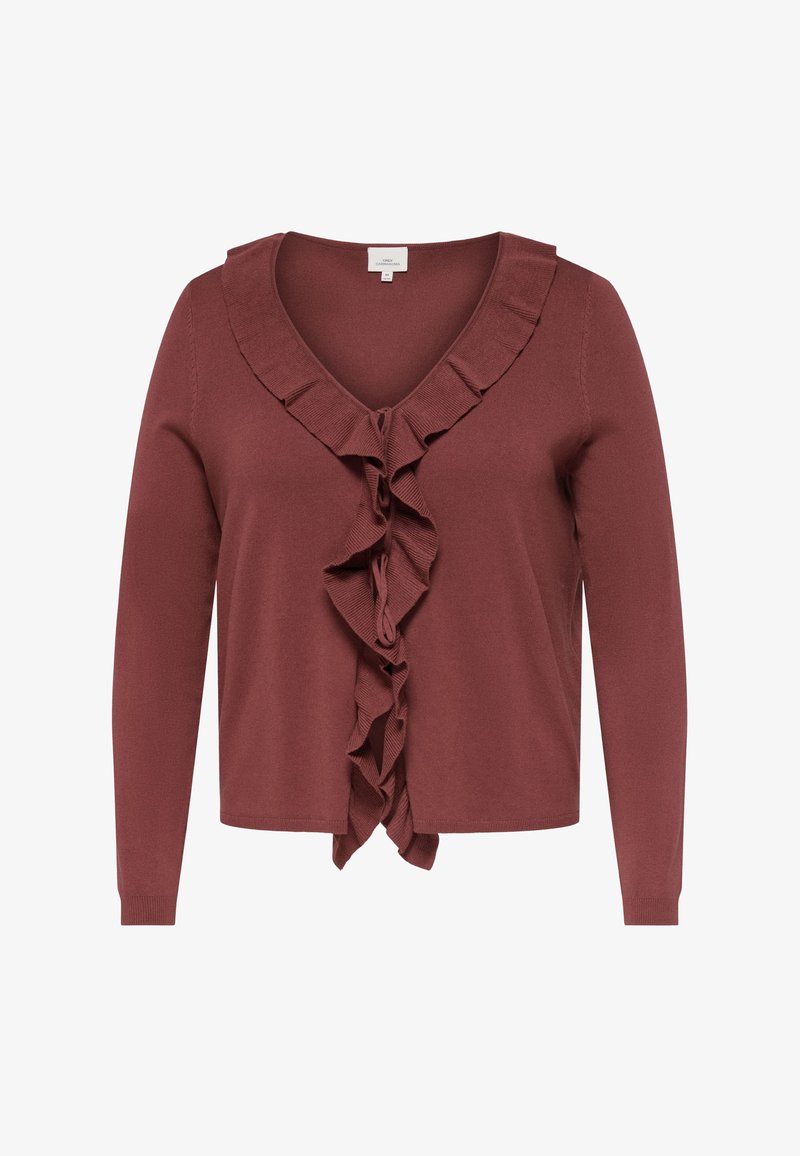 Cardigan marron rose à manches longues avec col en V et détails volantés le long de l'encolure et de l'ouverture frontale.