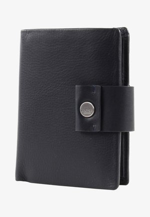 Black leather wallet with a smooth texture, featuring a cylindrical metal button closure and a foldable design. Accented with blue stitching.