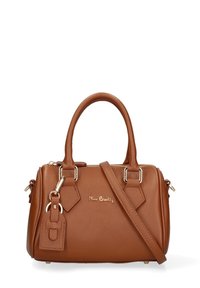 Bruine leren handtas met dubbele handgrepen, afneembare schouderband, gouden rits en een klein bijgevoegd leren label.