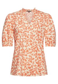 Kurzarmbluse in Creme mit korallenfarbenem Blättermuster, ausgestattet mit einem gerafften Ausschnitt und gerafften Ärmeln für zusätzliche Textur.