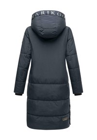 Navy blue padded coat with a hood, featuring vertical quilting, zipper side vents, and a logo band around the hood.
