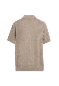 Beige short-sleeve knit polo shirt with vertical ribbed texture and a folded collar, shown from the back on a white background.