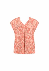 Blusa corallo con motivo floreale, maniche a campana e scollatura a V. Presenta una piega sulla parte frontale per un dettaglio di design aggiuntivo. Tessuto morbido.