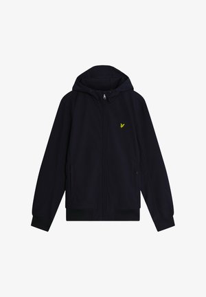 Marineblaue Kapuzenjacke aus weichem Stoff. Verfügt über einen Reißverschluss vorne, zwei Seitentaschen und ein kleines gelbes Logo auf der linken Brust.