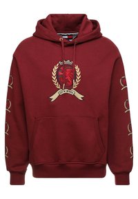 Felpa bordeaux con design ricamato centrale che presenta un leone e una corona d'alloro, tasca a marsupio e polsini e orlo in costina.