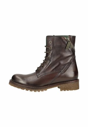 Dark brown leather ankle boot with lace-up front, side zipper, and textured rubber sole.