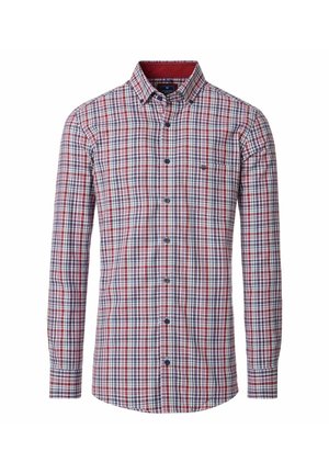 Geruite langemouwen overhemd met een rood, wit en blauw plaidpatroon, knoopsluiting kraag en een borstzak met donkere knopen.