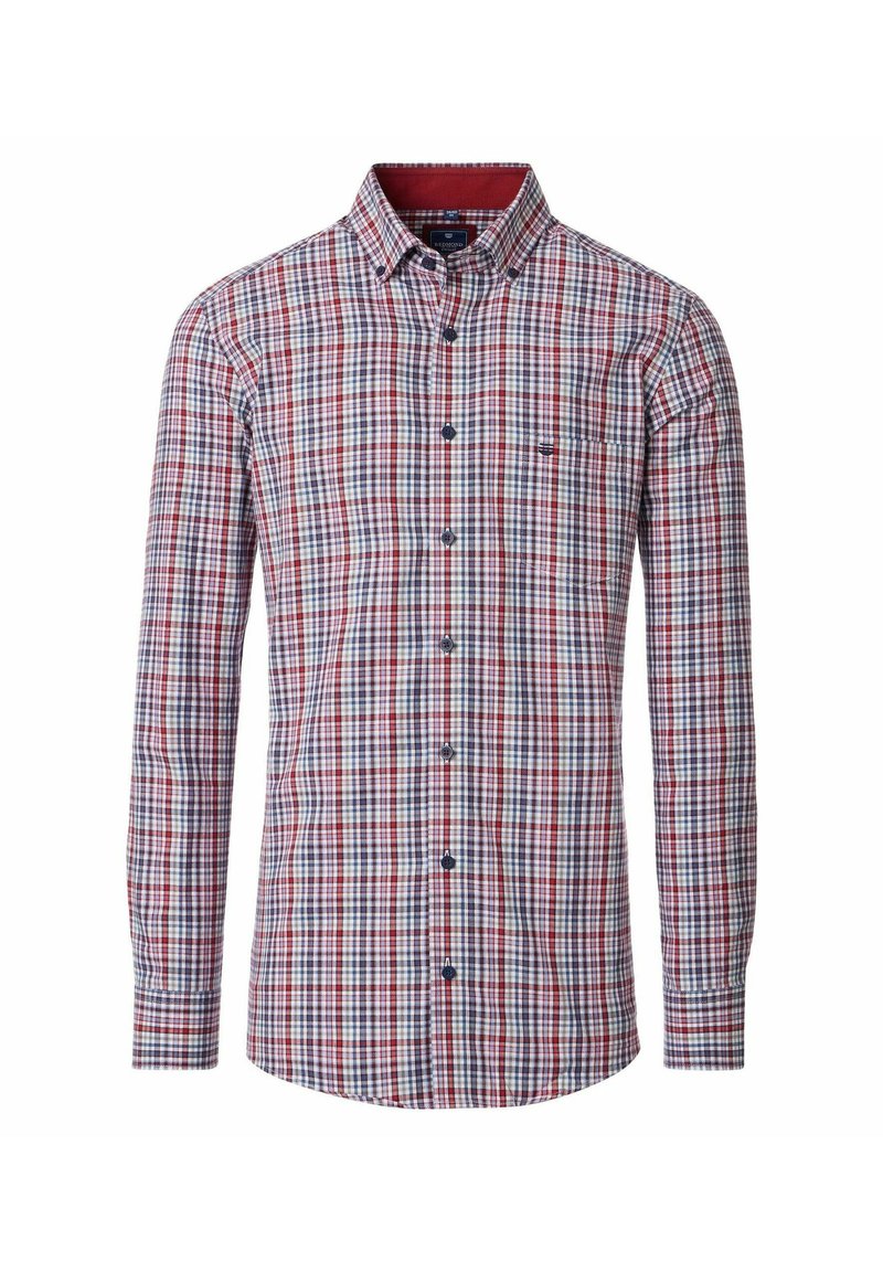 Karierte Langarmbluse mit einem rot, weiß und blau karierten Muster, Button-Down-Kragen und einer Brusttasche mit dunklen Knöpfen.