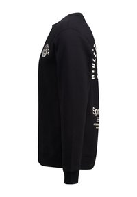 Black sweatshirt with crew neck, long sleeves, front logo, and white text details. Soft texture and ribbed cuffs and hem.