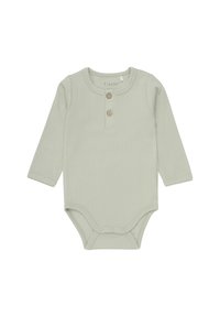 Jasnozielony, prążkowany body z długim rękawem, o okrągłym dekolcie i dwóch drewnianych guzikach z przodu. Posiada zapięcie na zatrzaski na dole.