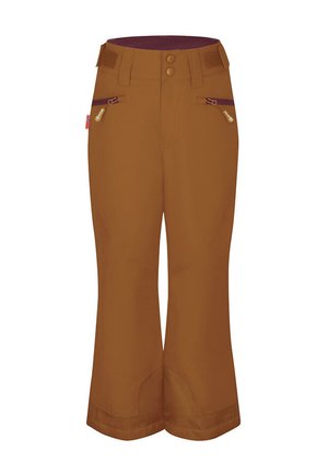 Brown waterproof ski pants with two zippered pockets, adjustable waist, two button closure, and reinforced hem for durability.