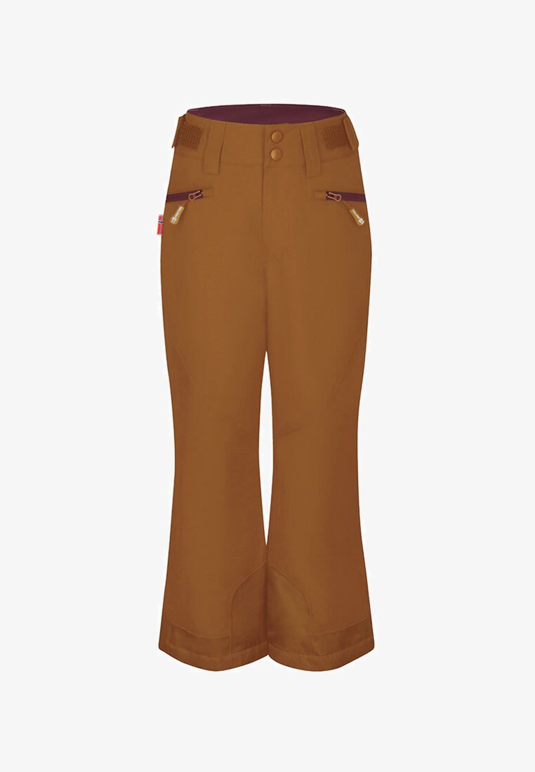 Brown waterproof ski pants with two zippered pockets, adjustable waist, two button closure, and reinforced hem for durability.