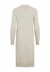 Cardigan a maglia grigia chiara, con maniche lunghe e colletto a scialle, polsini a costine e una vestibilità rilassata, che arriva oltre le ginocchia.