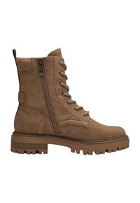 Stivaletto in suede marrone con cerniera laterale, lacci frontali e suola testurizzata per una buona aderenza. Presenta cuciture a contrasto e punta arrotondata.