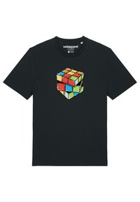 Zwarte katoenen t-shirt met een Rubik's Cube grafiek in levendige kleuren. Klassieke ronde hals en korte mouwen. Zachte textuur en een relaxed fit.