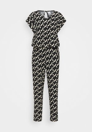 Sort-hvidt mønstret jumpsuit med korte ærmer, V-hals, nøglehul bagpå og bukser med lige ben.