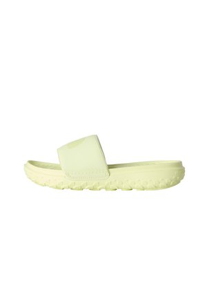 Sandalo slide di colore giallo chiaro con ampia fascia e suola texturizzata, progettato per un uso casual e comfort.