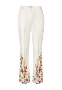Pantaloni bianchi con una linea dritta, caratterizzati da ricami floreali colorati lungo l'orlo inferiore nelle tonalità di rosso, rosa e blu.
