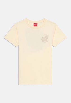Helles, gelbes Baumwoll-T-Shirt mit Rundhalsausschnitt und kurzen Ärmeln. Mit einem dezenten, gestickten "Santa Cruz"-Logo auf der Brust.