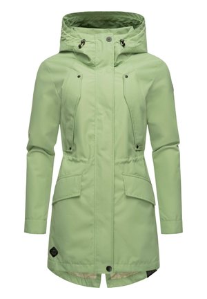 Light green waterproof parka with a hood, zip and snap closure, front pockets, elastic waistband, and smooth texture.