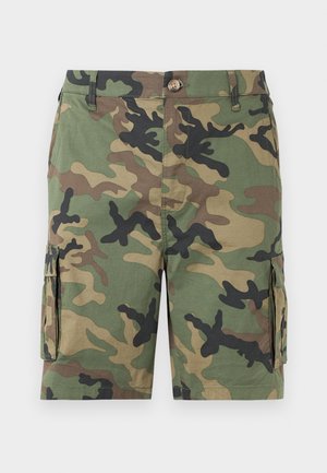 Meeste cargo-lühikesed püksid rohelise, pruuni ja musta kamuflaažimustriga, millel on küljetaskud klappidega ja vöökohal nööpkinnitusega.