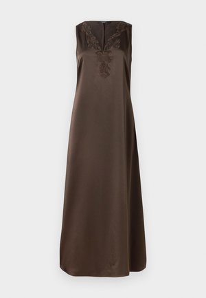 Brown sleeveless dress with a V-neckline, featuring intricate embroidery along the neck. Made of smooth fabric, it has a flowing silhouette.