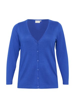 Blue knit cardigan with long sleeves, V-neck, and front button closure. Smooth texture, minimal design, and uniform color.