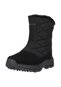 Schwarze wasserdichte Winterstiefel mit gesteppter Außenseite, Kunstfellfutter und strukturiertem Gummisohle. Verfügt über ein Logo an der Seite und strapazierfähige Materialien.