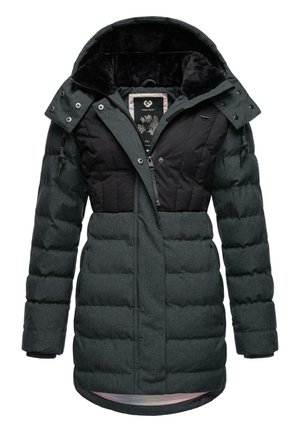 Dark gray puffer coat with a black upper section, featuring a hood, quilted texture, and snap closures. Lined with soft material.