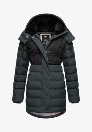 Mørkegrå dunjakke med en sort overdel, der har hætte, quiltet tekstur og trykknaplukninger. Foret med blødt materiale.