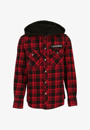 Raudonas ir juodas flanelinis marškiniai su langeliais, turintis juodą gobtuvą, spaudę, ir dvi krūtinės kišenes su logotipo aplikacija.