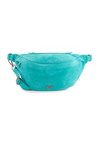 Belt bag z turkusowego zamszu o zaokrąglonym kształcie, z regulowanym paskiem i małym metalowym logo. Gładka textura i minimalistyczny styl.