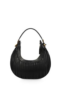 Zwarte leren tas met verticale plooien, een ronde vorm en een enkele bovenhandgreep. Inclusief accenten van goudkleurig hardware.