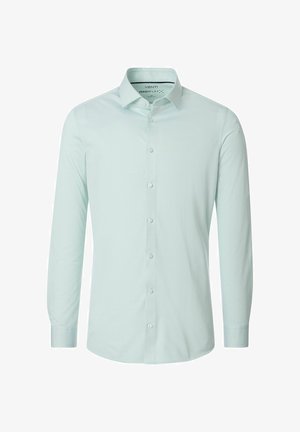 Lysegrøn herreskjorte med lange ærmer, knappelukning, spredt krave og tætsiddende silhuet.