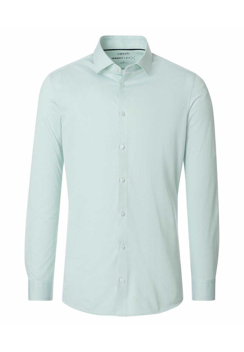 Lichtgroen herenoverhemd met lange mouwen, knoopsluiting, kentkraag en aansluitende pasvorm.