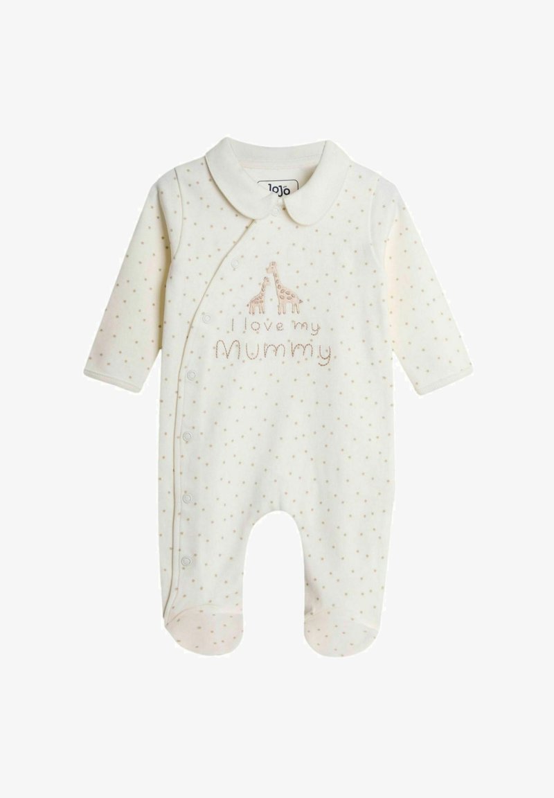 Hele kreemjas värvi beebikombinesoon pika varrukaga, täpilise mustriga, kaelkirjaku tikandiga ja külgedel lukustustega, mis lihtsustavad riietamist.