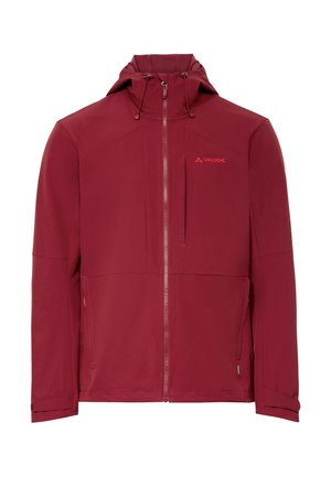 Dunkelrote Softshell-Jacke mit Frontreißverschluss, verstellbarer Kapuze, zwei seitlichen Reißverschlusstaschen und VAUDE-Logo auf der Brust.