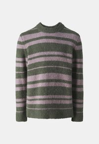 Pull rayé vert et lilas ; matériau texturé et doux ; col rond ; manches longues ; rayures horizontales de différentes épaisseurs.