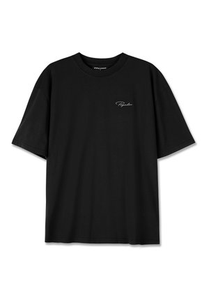 Black short-sleeve t-shirt with crew neck and small white cursive "Pegador" logo on the left chest.
