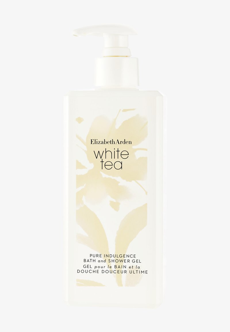 Gel bain et douche Elizabeth Arden White Tea dans un flacon pompe blanc avec motif floral beige et description du produit en anglais et français.