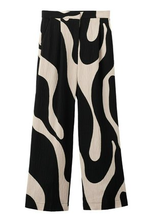 Crne i bež hlače širokih nogavica s apstraktnim, nepravilnim uzorkom kovitlanja i uskim pojasom.