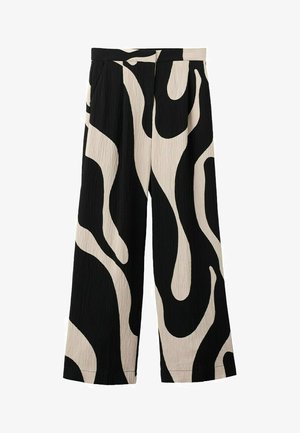 Crne i bež hlače širokih nogavica s apstraktnim, nepravilnim uzorkom kovitlanja i uskim pojasom.