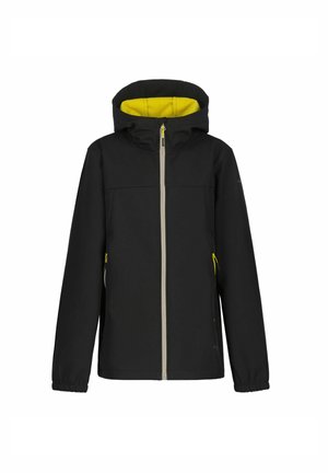 Giacca impermeabile nera con fodera interna gialla, cerniera frontale, polsini elasticizzati e due tasche laterali con zip. Design semplice e funzionale.