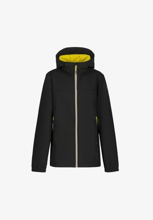 Schwarze wasserdichte Jacke mit geliner Innenauskleidung, Vorderreißverschluss, elastischen Bündchen und zwei seitlichen Reißverschlusstaschen. Schlichtes, funktionales Design.