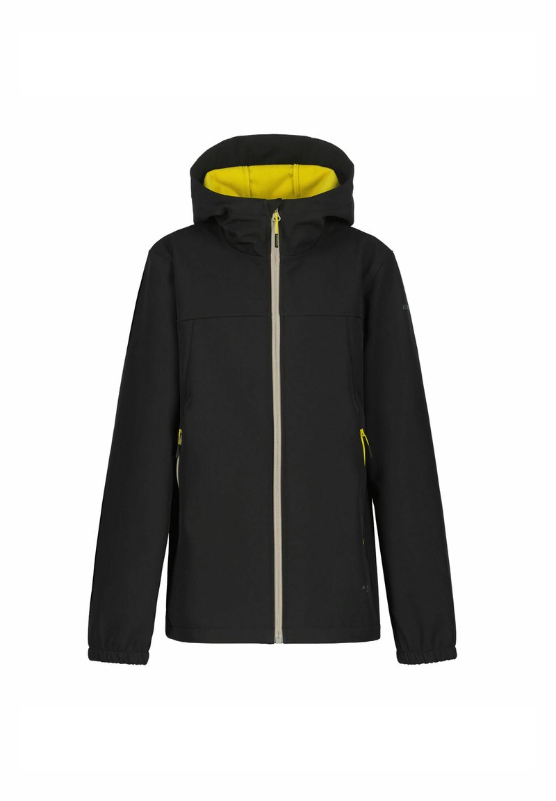 Schwarze wasserdichte Jacke mit geliner Innenauskleidung, Vorderreißverschluss, elastischen Bündchen und zwei seitlichen Reißverschlusstaschen. Schlichtes, funktionales Design.