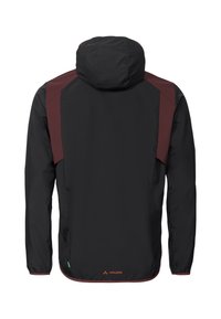 Schwarze Jacke mit Kapuze, mit kastanienbraunen Akzenten an Schultern und Bündchen, glatte Textur und ein Logo am unteren Rückensaum.