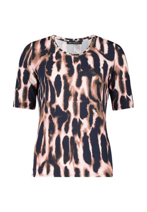 Kurzärmeliges T-Shirt in Navyblau mit einem rosa und cremefarbenen abstrakten Leopardenmuster, ausgestattet mit einem runden Halsausschnitt und weichem, strukturiertem Stoff.