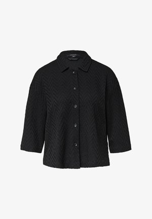 Black button-up jacket made of textured fabric with a herringbone pattern, featuring a collar and three-quarter sleeves.