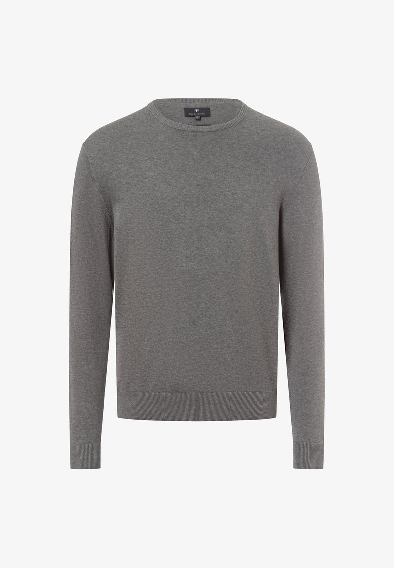 Pull gris à manches longues pour homme, col rond, avec poignets et ourlet côtelés, texture en maille unie, présenté sur un fond blanc.