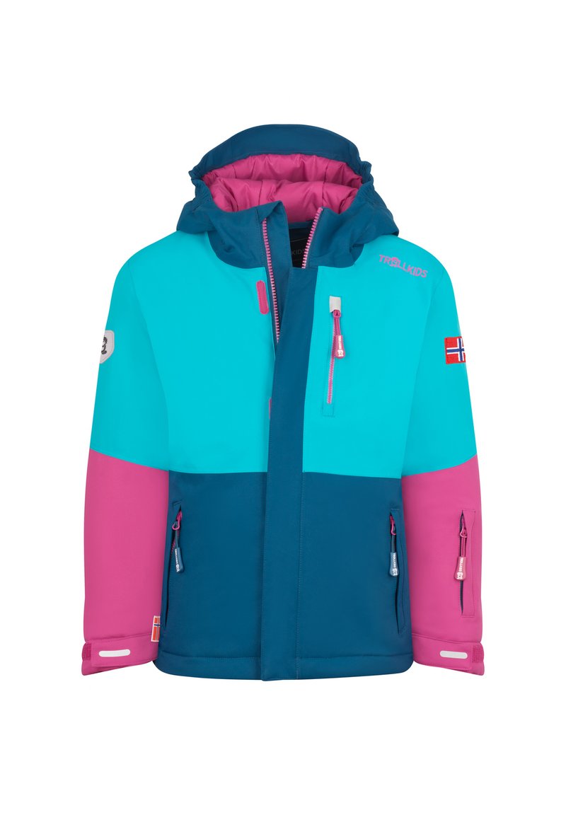 Giacca per bambini a blocchi di colore in teal, blu navy e rosa. Presenta un cappuccio, diverse tasche con zip e un fodera interna a contrasto.